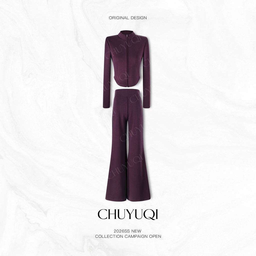 CHUYUQI Casual Short Zipper Top Flared Pants Two-piece Set
