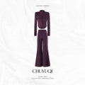 CHUYUQI Casual Short Zipper Top Flared Pants Two-piece Set
