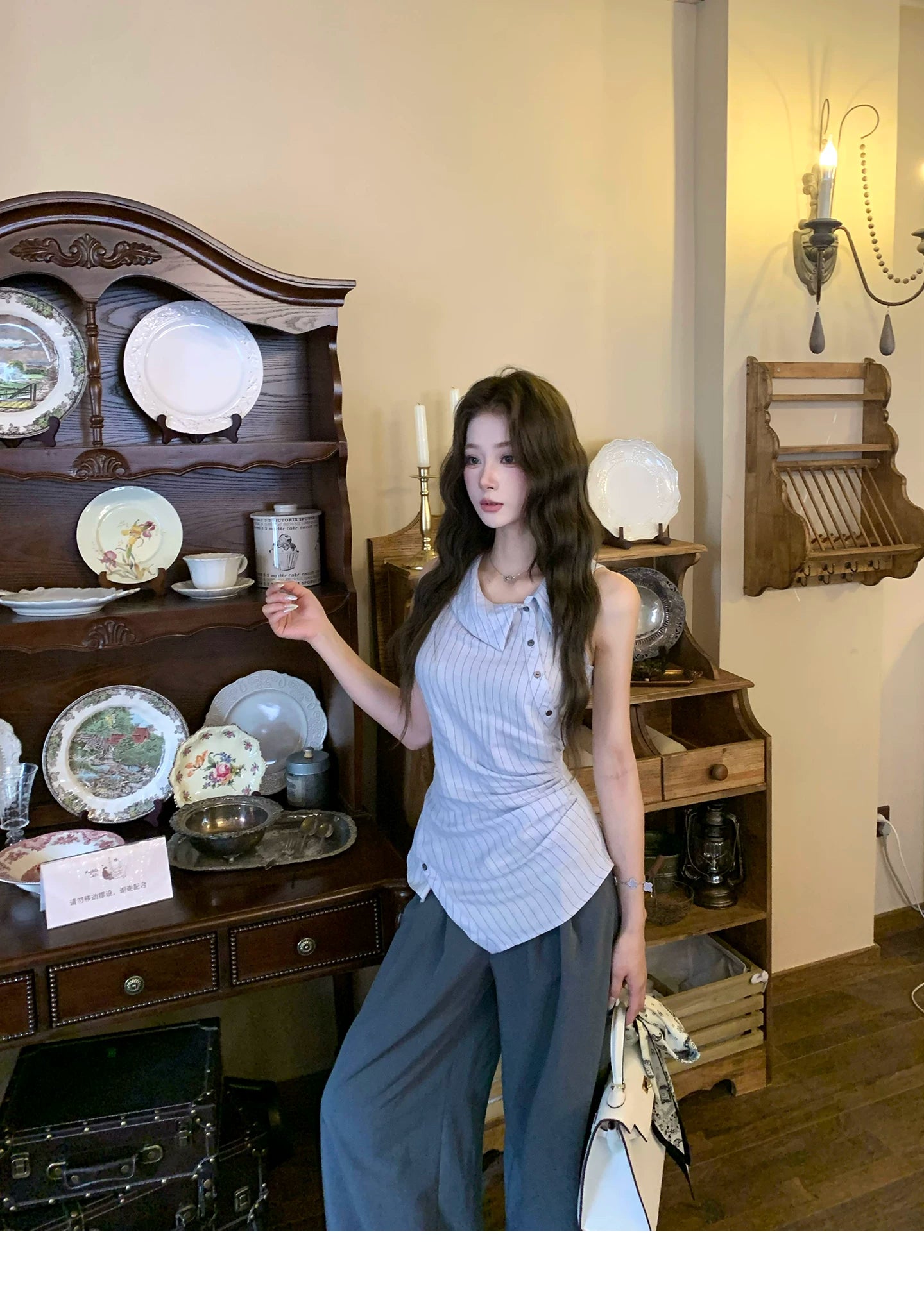 Barb Chill Irregular Striped Shirt Mopping Wide Leg Pants Set