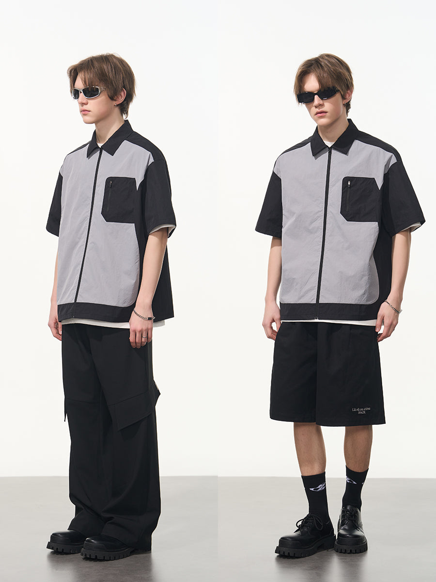 Harshandcruel Outdoor Contrast Splicing Deconstruction Short Sleeve Zipper Shirt