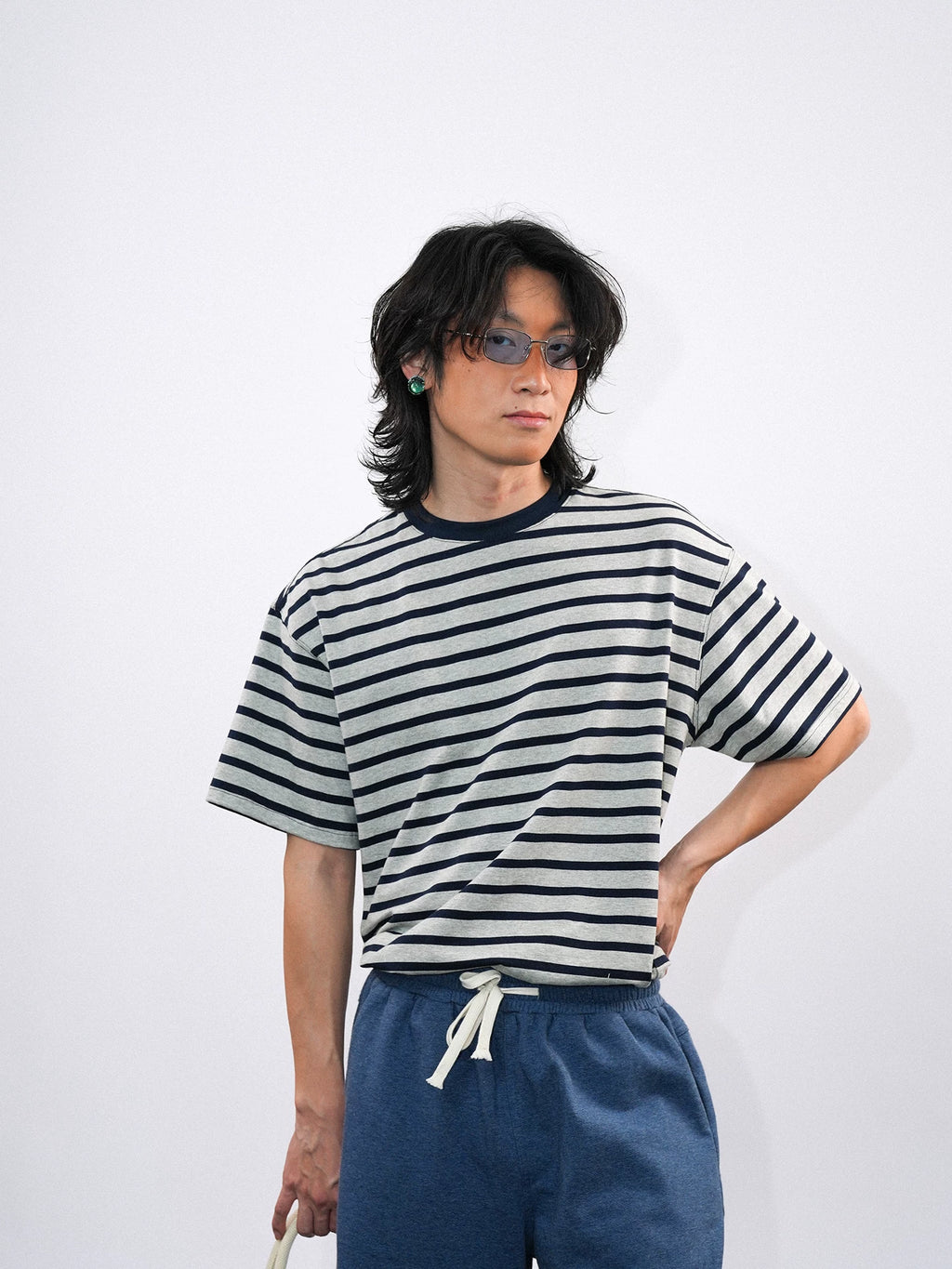 O3PARK Loose Versatile Crew Neck Striped Tee