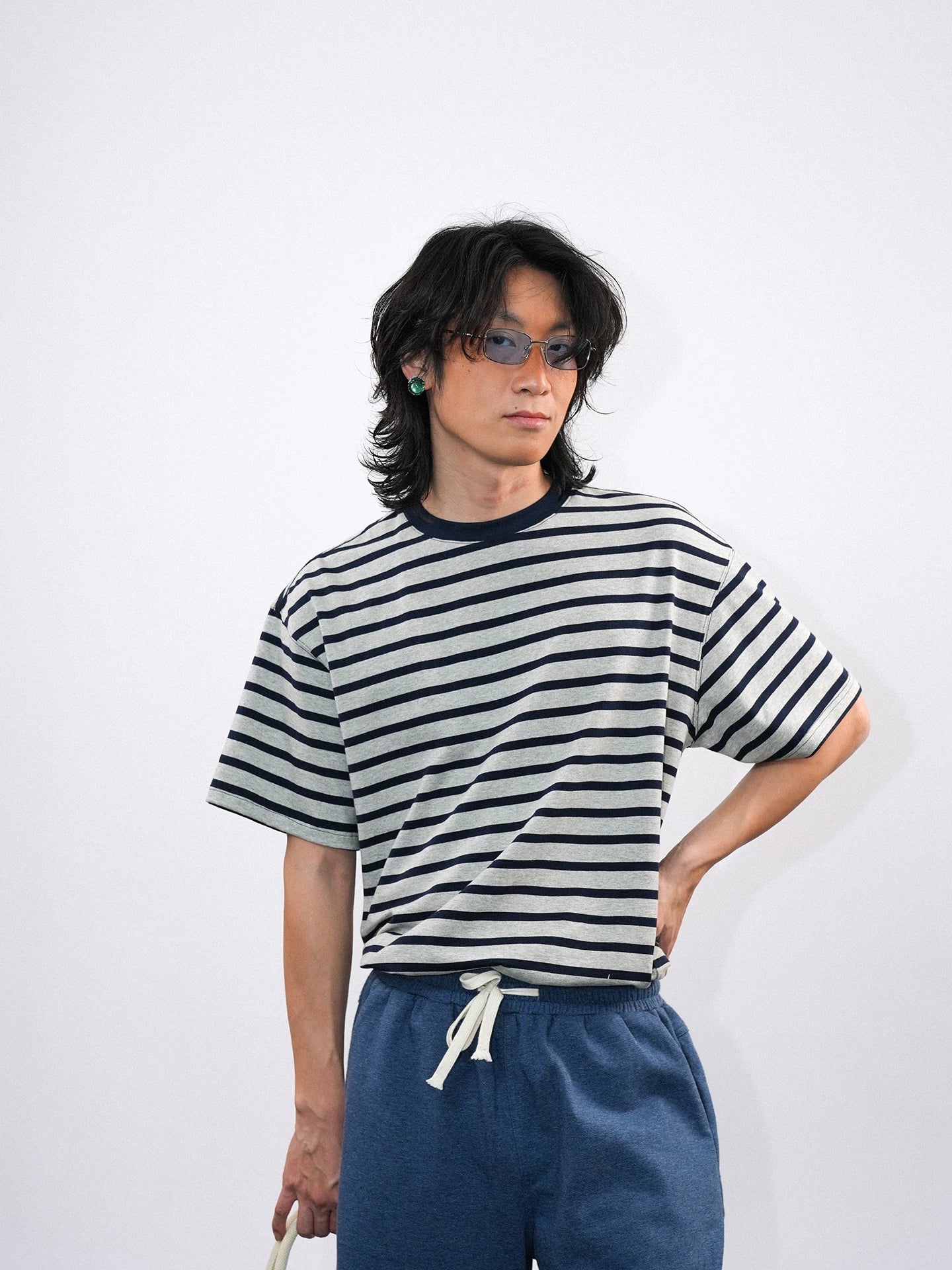 O3PARK Loose Versatile Crew Neck Striped Tee