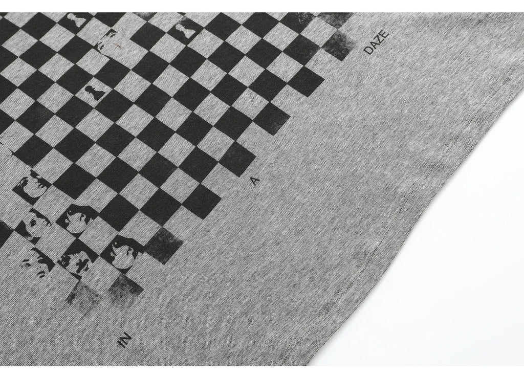 No E Mosen Checkerboard Portrait Print Big Neckline Loose Tee