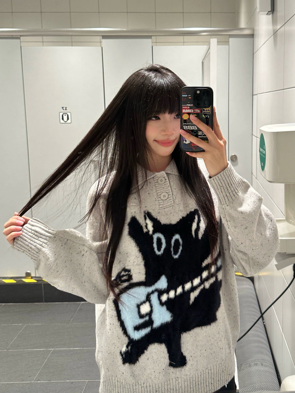 BF. BORFEND Vintage Fun Cat Jacquard Polo Collar Sweater