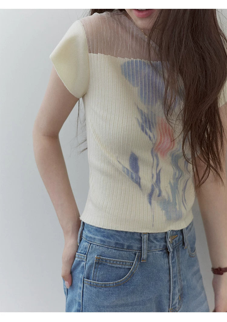 VOOE Irregular Splicing Printing Knitted Tee