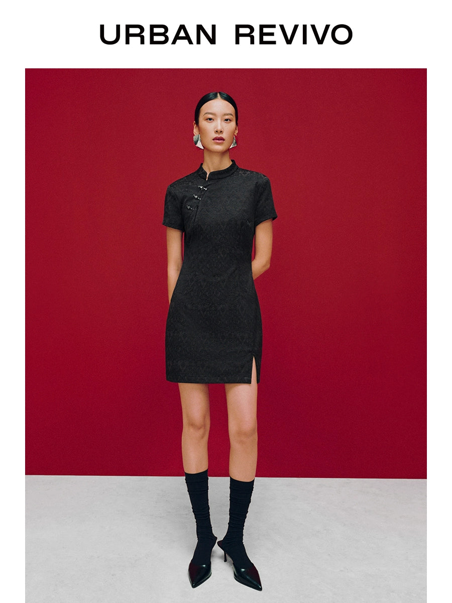URBAN REVIVO Temperament National Style Jacquard Stand-up Collar Dress