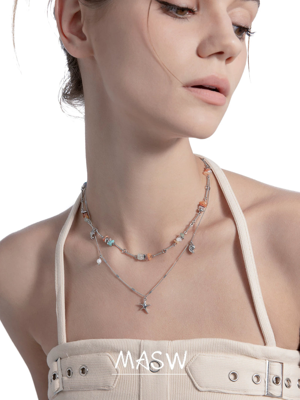MASW Gravel Double Stacked Detachable Star Pendant Necklace