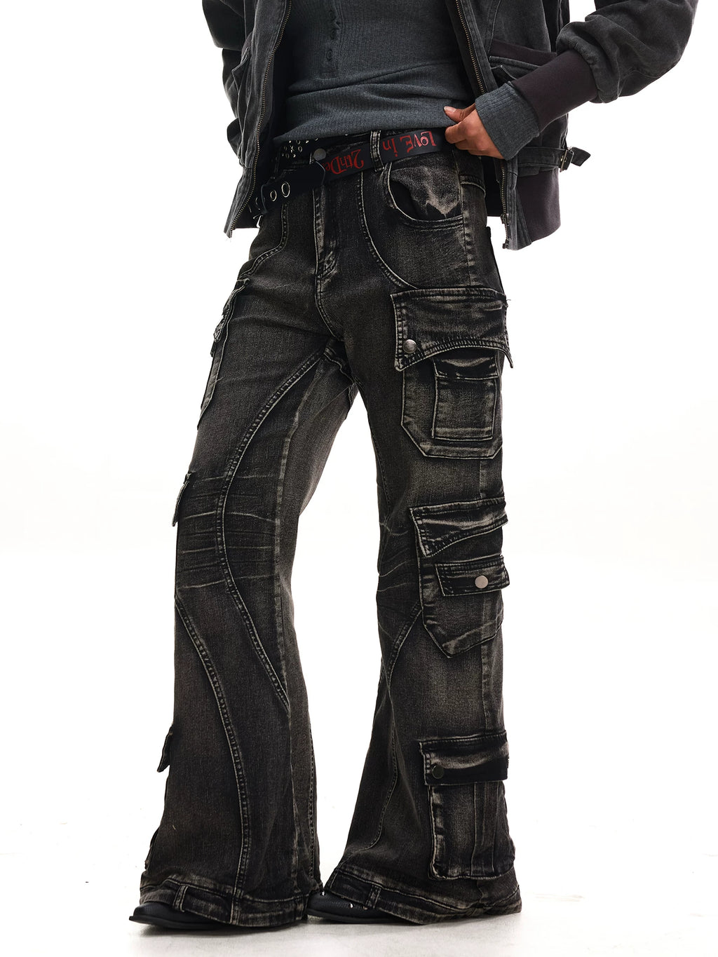 JHYWZD X BLACKLIST Retro Splicing Multi-pocket Micro-elastic Denim Flared Pants