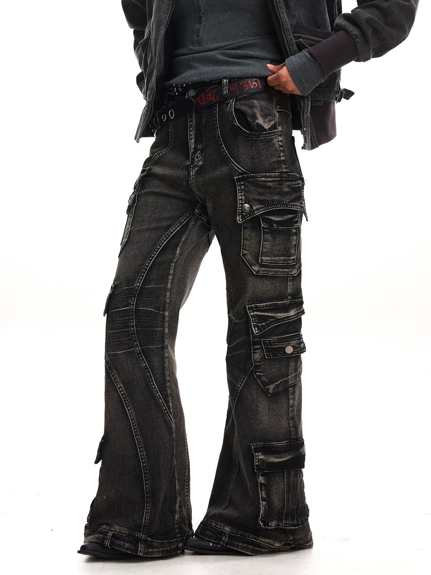 JHYWZD X BLACKLIST Retro Splicing Multi-pocket Micro-elastic Denim Flared Pants