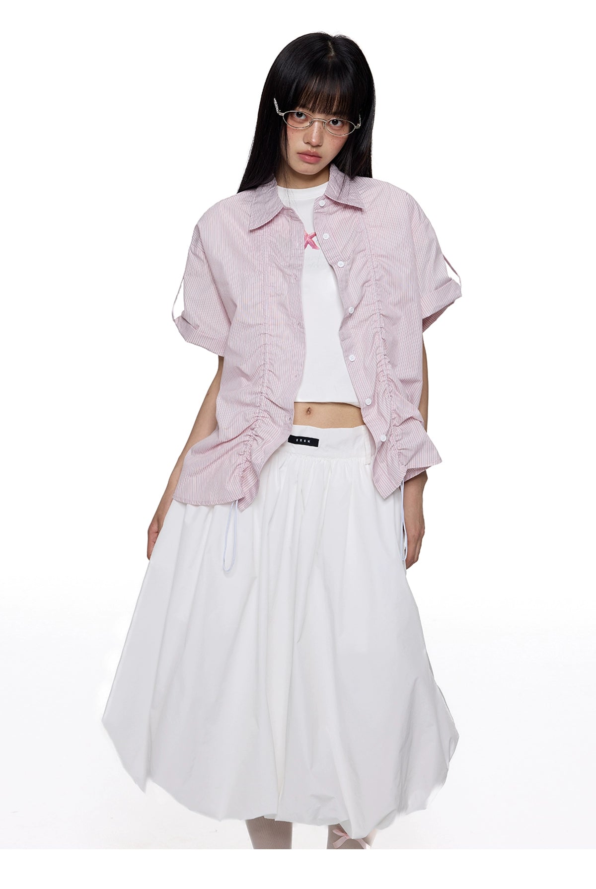 EZEK Temperament Striped Thin Front Shoulder Short Sleeve Shirt