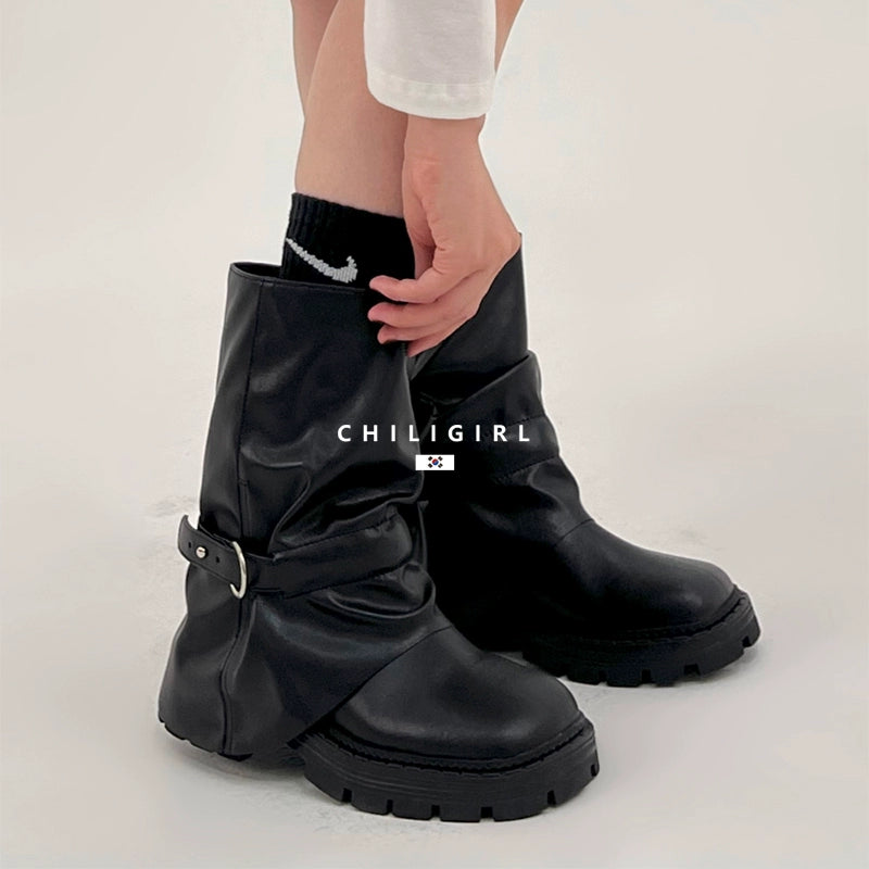 CHILIGIRL Belt Pleated Handsome Stacked Pants Tube Boots