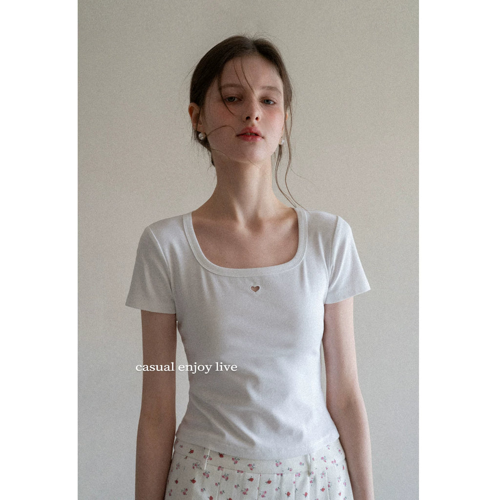 EGGKA Hollow Love Square Collar Straight Shoulder Tee