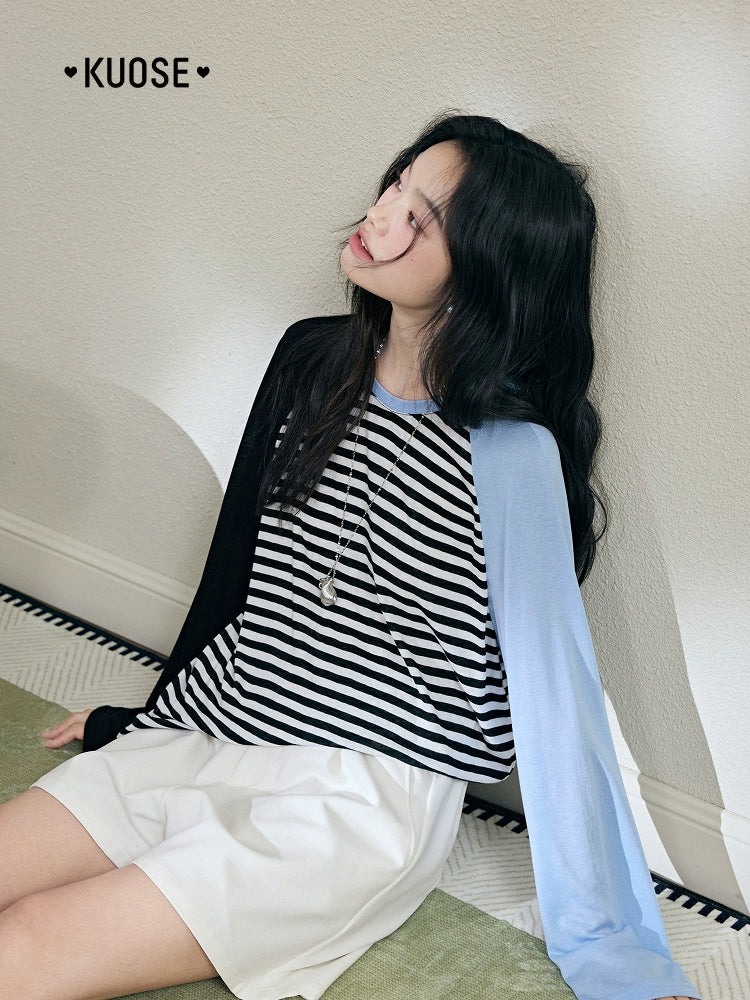 Kuose Striped Shoulder Sleeves Splicing Long Sleeves