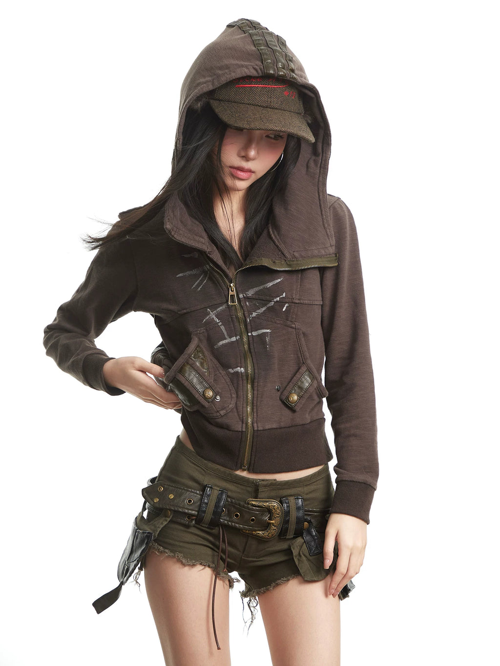 UNCMHISEX Vintage Niche Hooded Zip Jacket