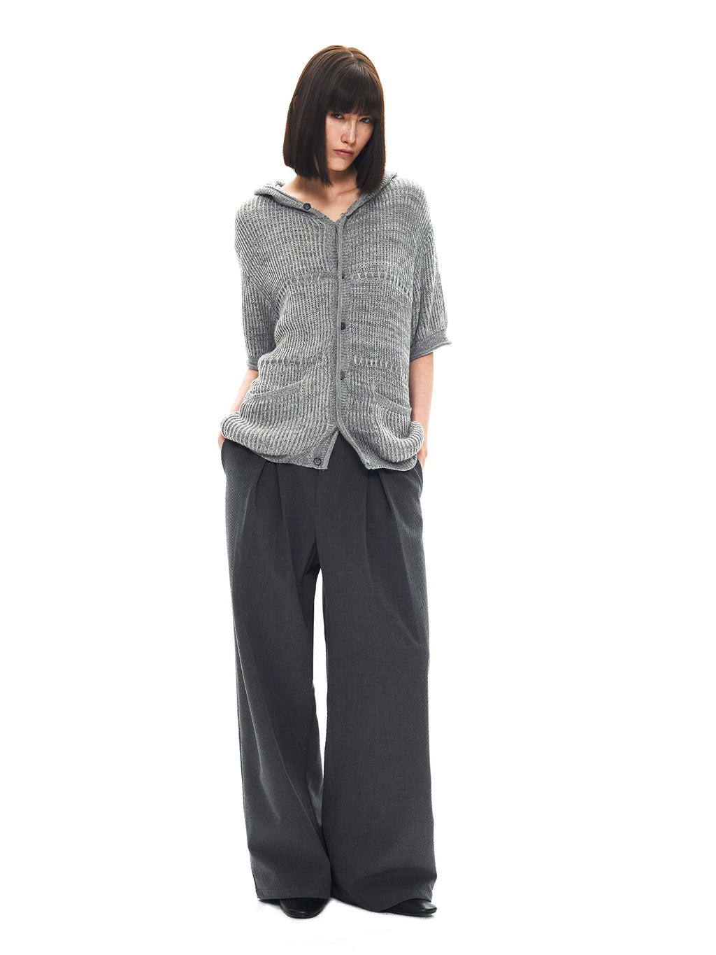 Slight Vogue Jacquard Hooded Wool Short Sleeve Cardigan