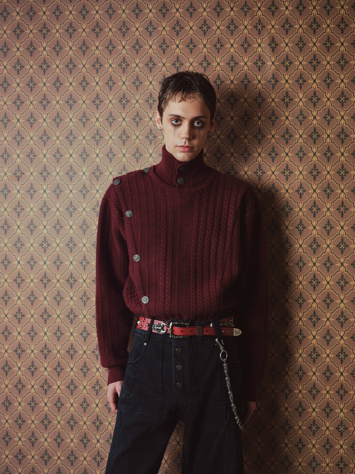 RICHILL Metal Buckle Stopper Twisted Sleeve Turtleneck Sweater