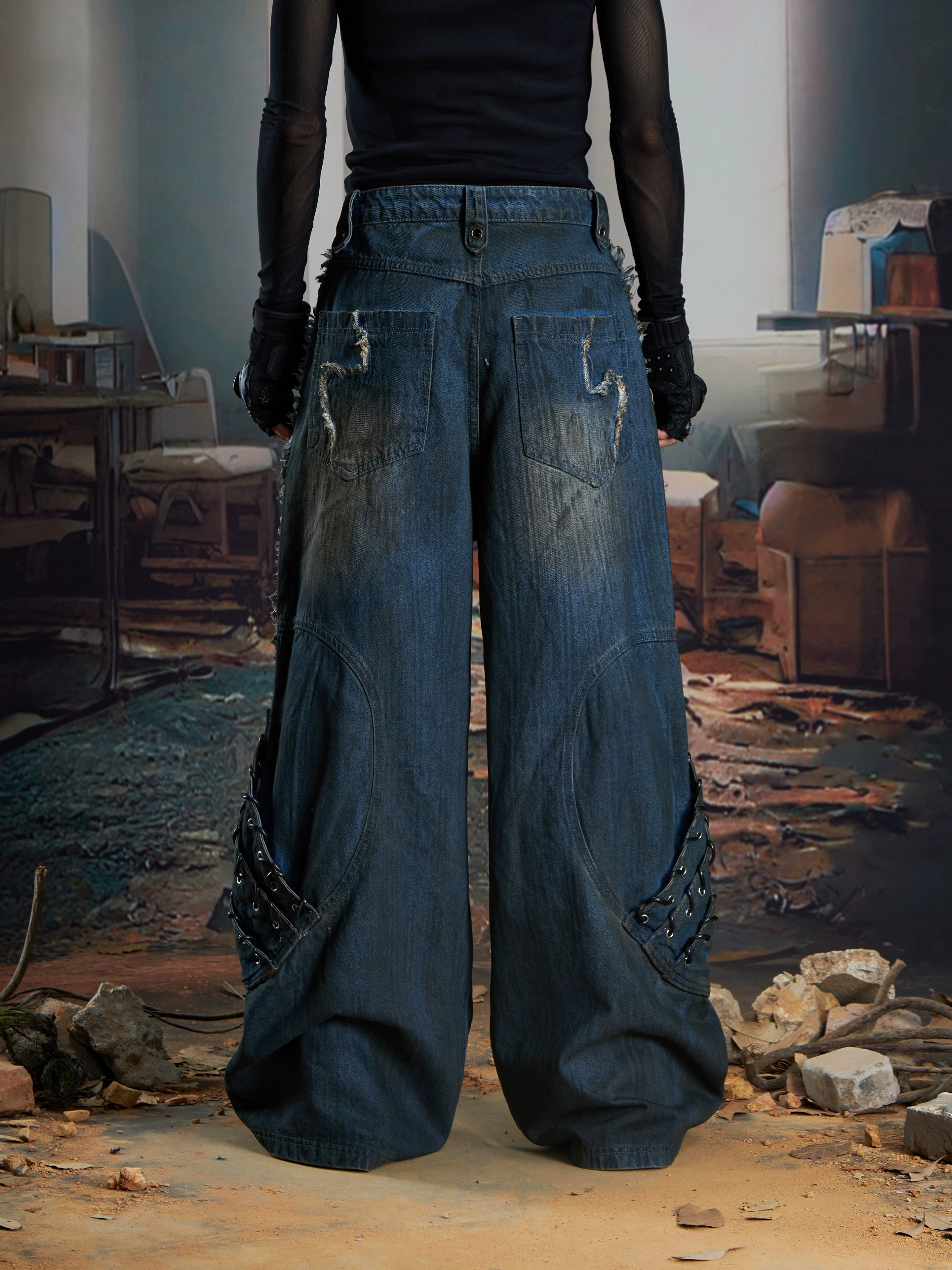 NOMANIAI Stitched Rough-rimmed Fringed Baggy Jeans