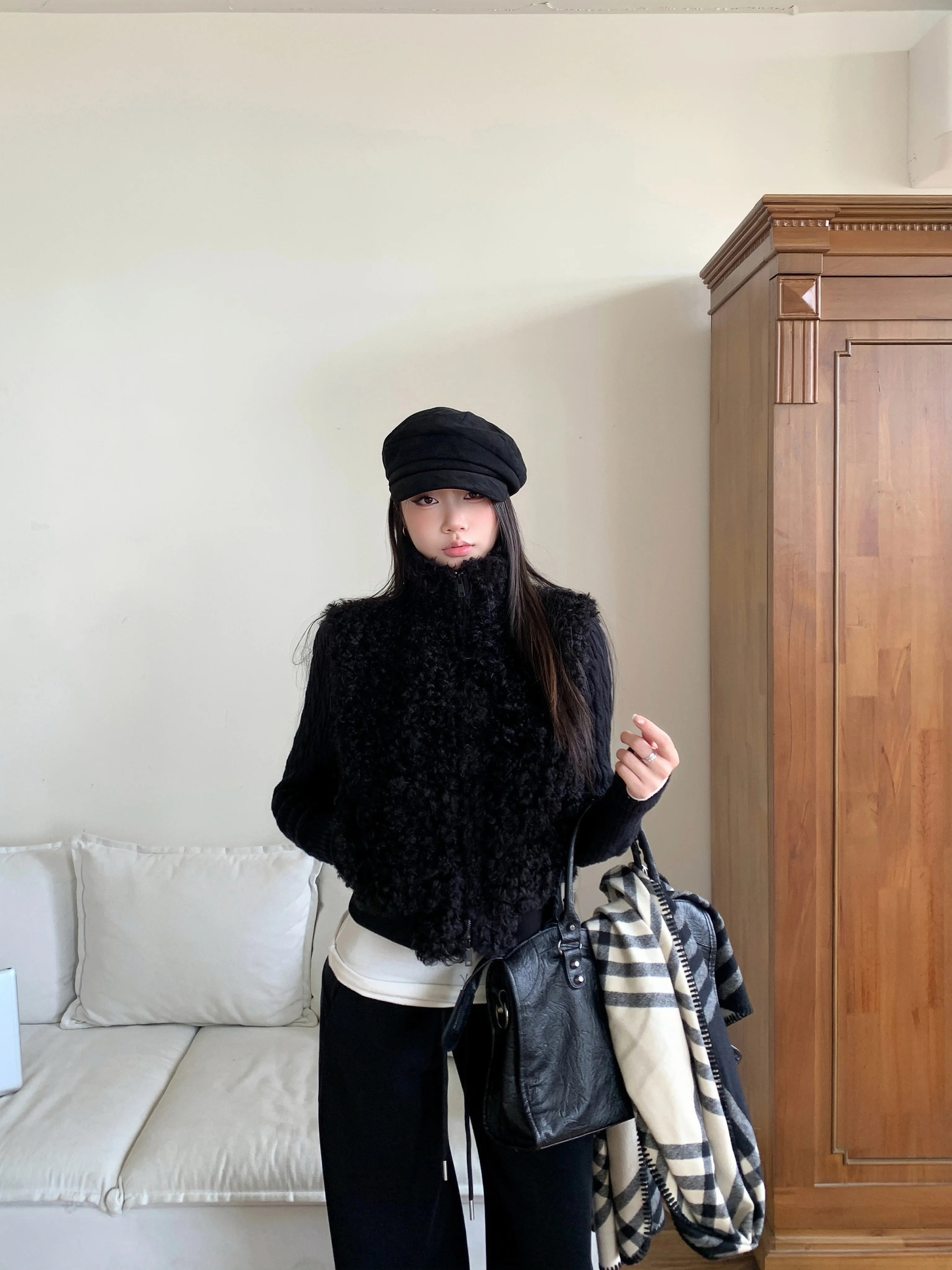 WITHMIN Low-rise Loose-fitting Fleece Straight-leg Wide-leg Pants