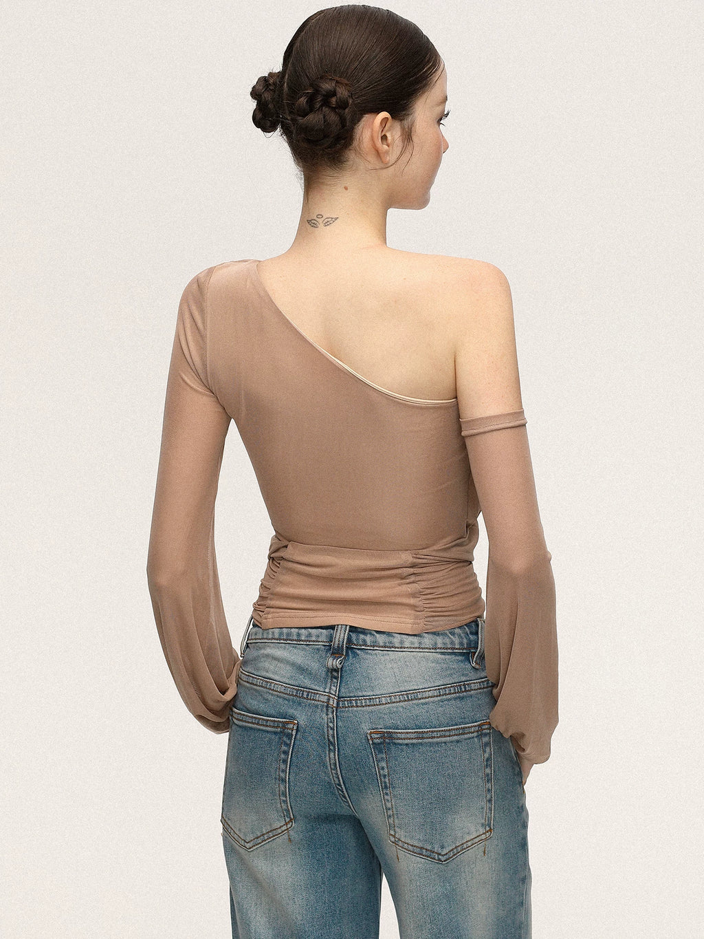 Anna Aneae Mesh Slanted Shoulders Waist Slim Tee