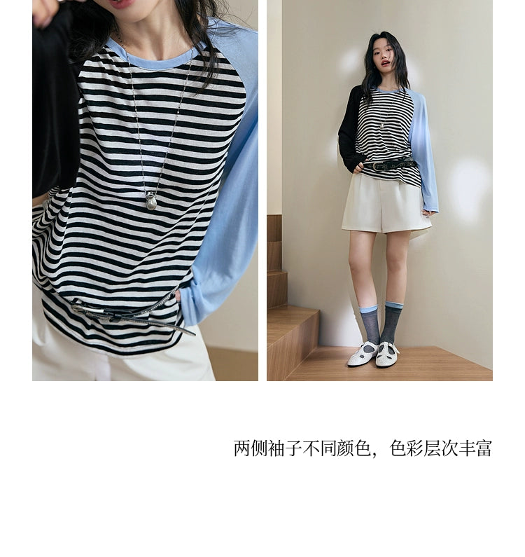 Kuose Striped Shoulder Sleeves Splicing Long Sleeves