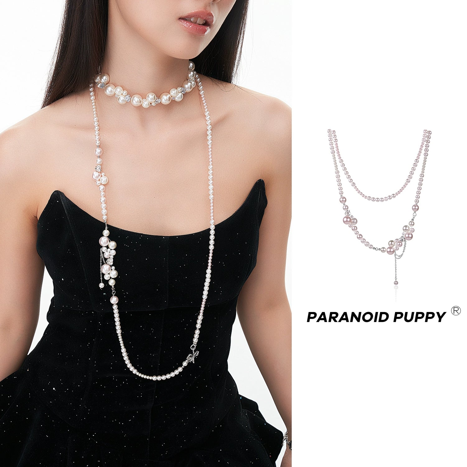 ParanoidP Temperament Light Luxury Bow Silk Scarf Pearl Necklace