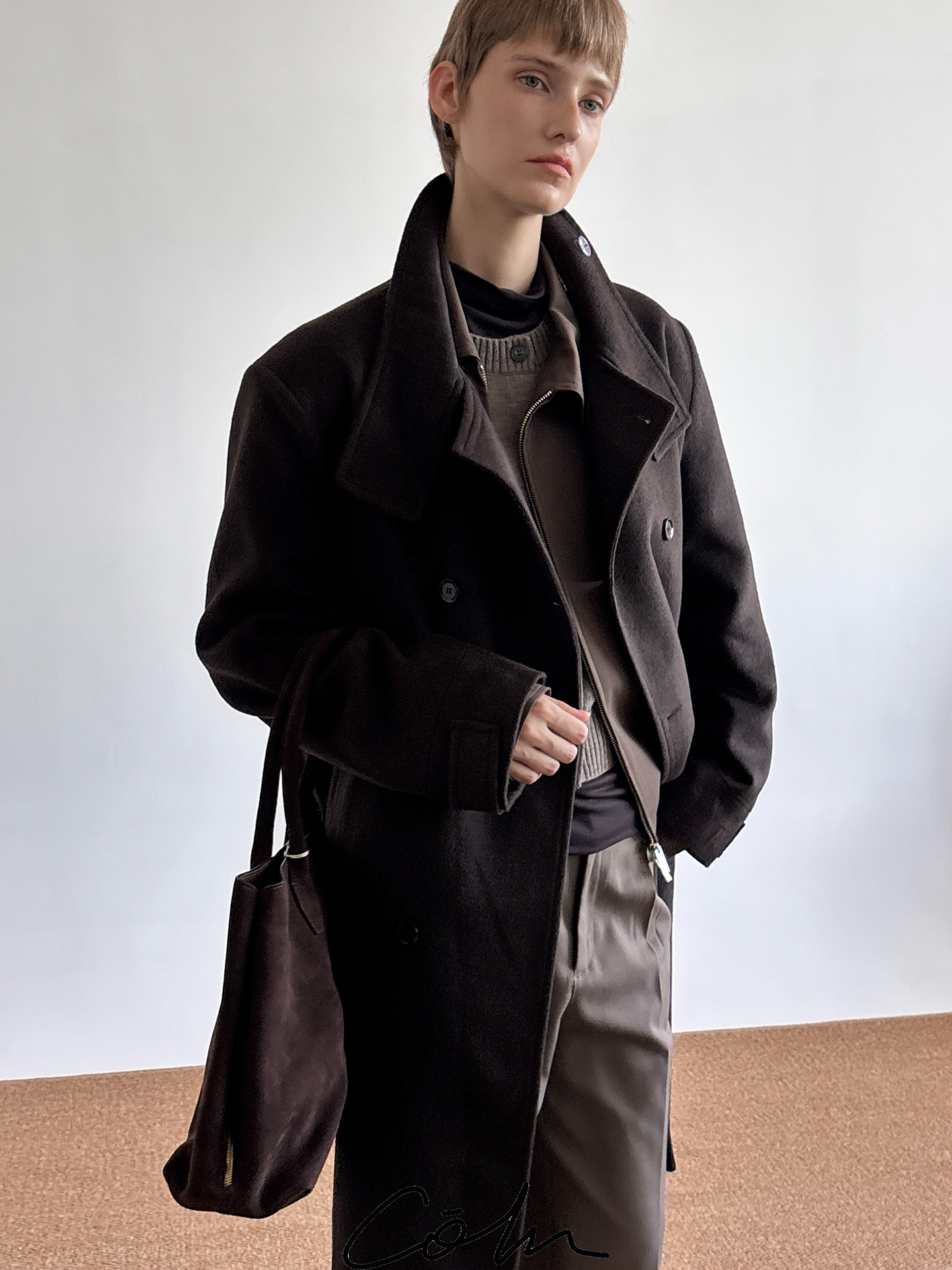 COLN Wool Double-breasted Stand-up Coat