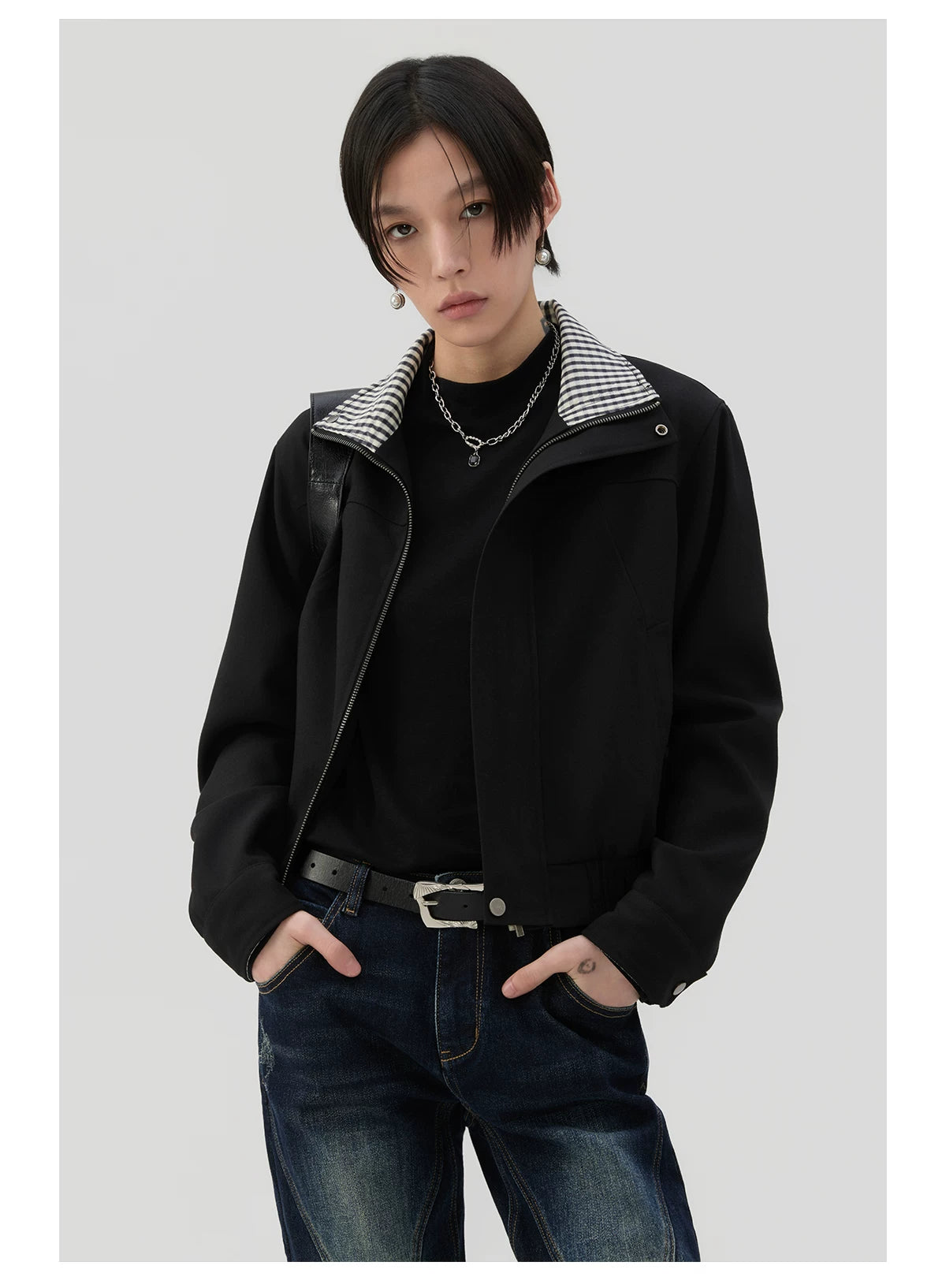 Sameuoo Plaid Stitching Casual Short Jacket