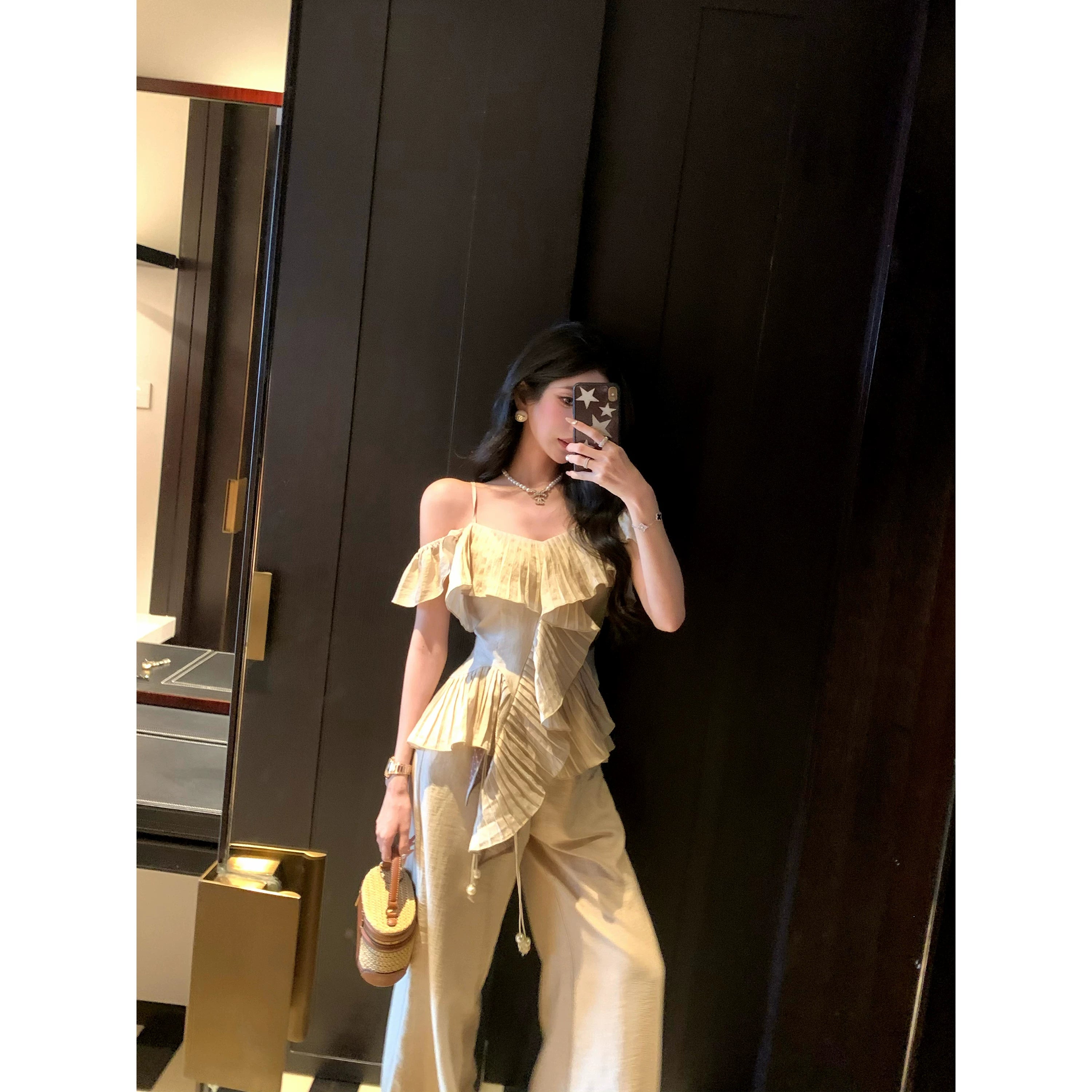 Barb Chill Off-Shoulder Sling Wide Leg Pants Set