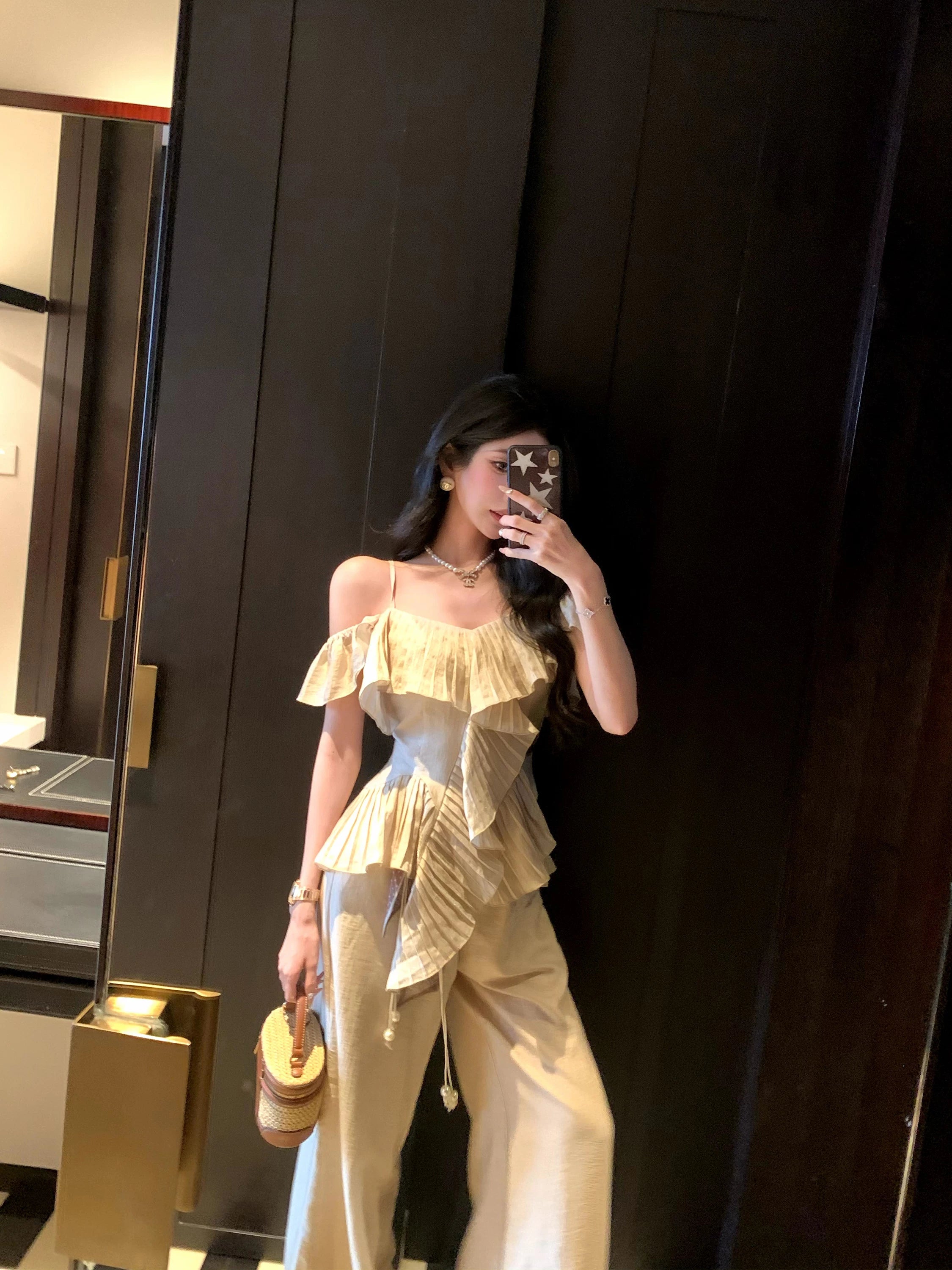 Barb Chill Off-Shoulder Sling Wide Leg Pants Set