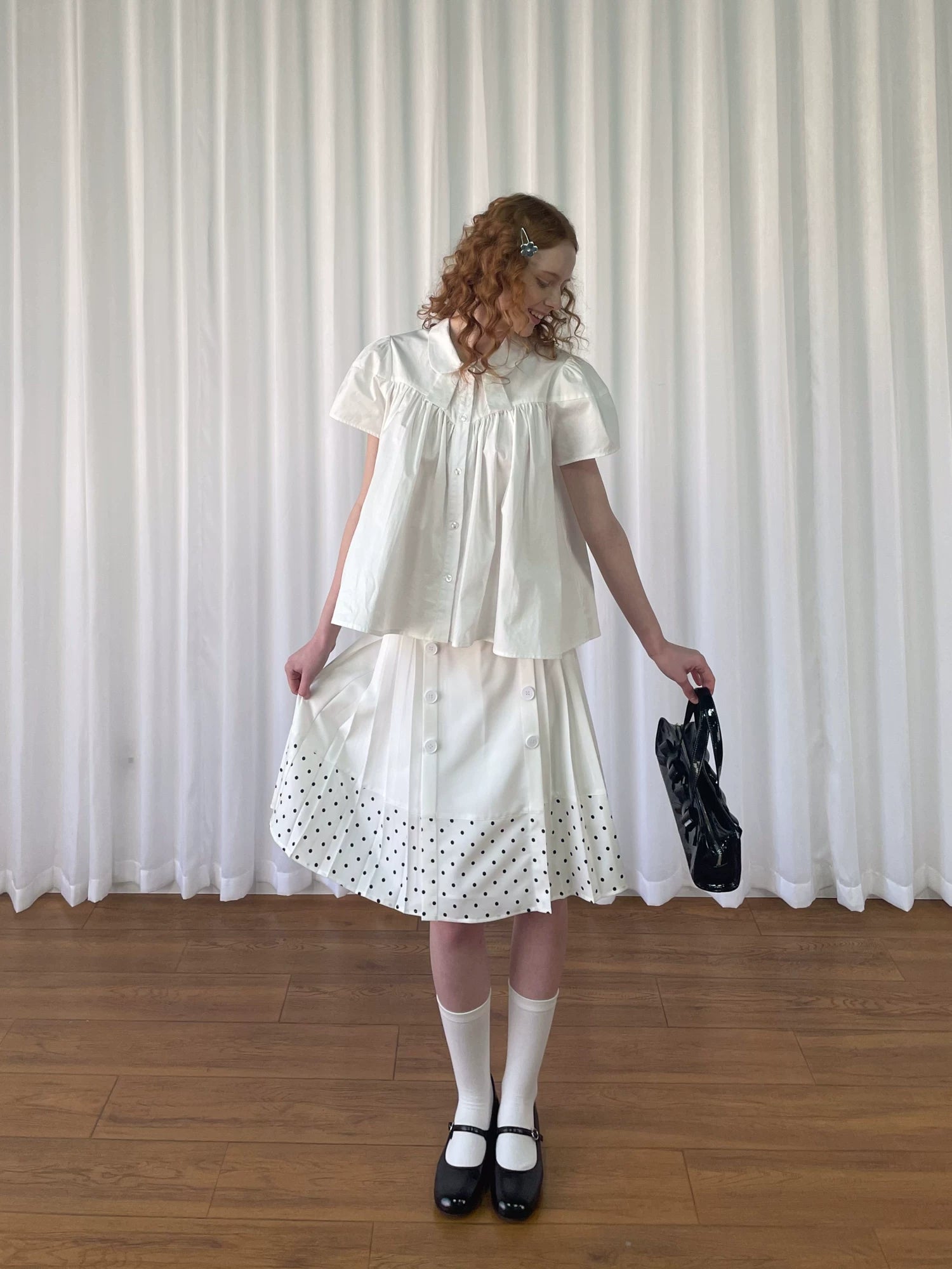 Loosesmell Double Breasted Splicing Polka Dot Crease Skirt