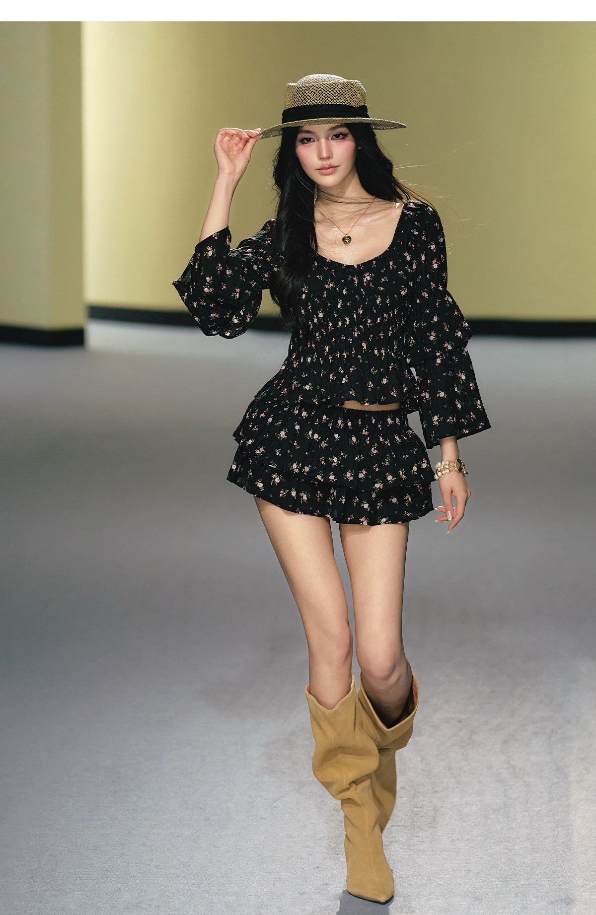 AGAM Double-layer Lotus Leaf Sleeve Floral Top Skirt Set