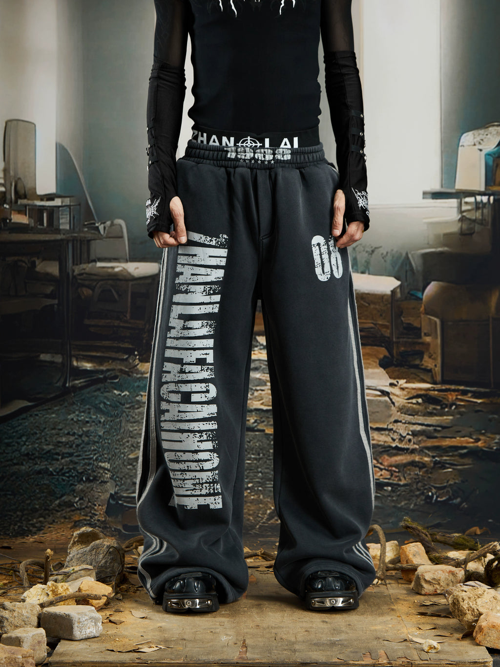 NOMANIAI Dirty Dyed Mottled Print Loose Striped Sweatpants