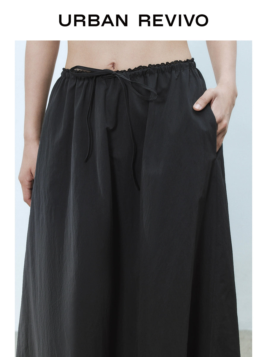 URBAN REVIVO Wave Hipster Super Loose Lace Stitching Medium and Long Skirt