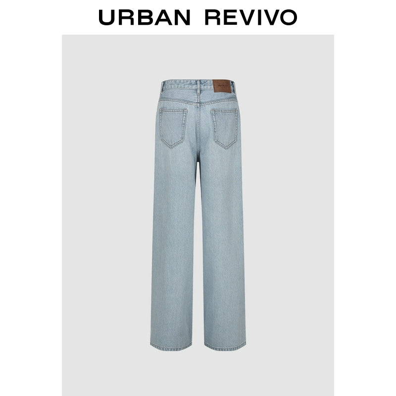 URBAN REVIVO Wave Hipster Retro Washed Pussy Beard Wide Leg Jeans