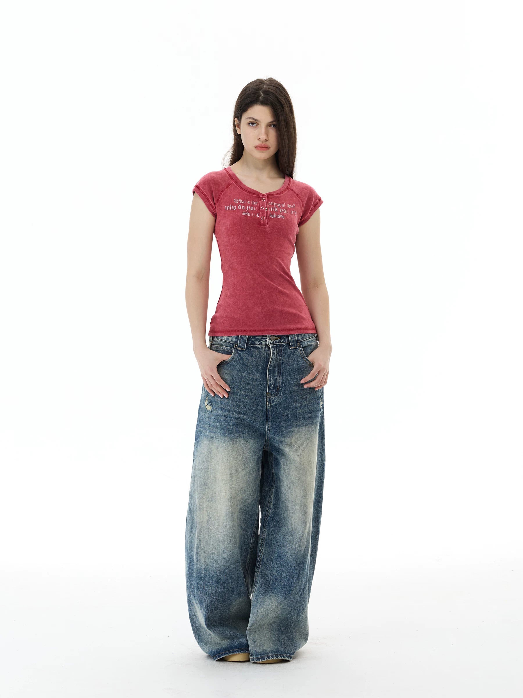 WLNEXT Premium Sense Slim Fit Henry Neck Front Shoulder Tee