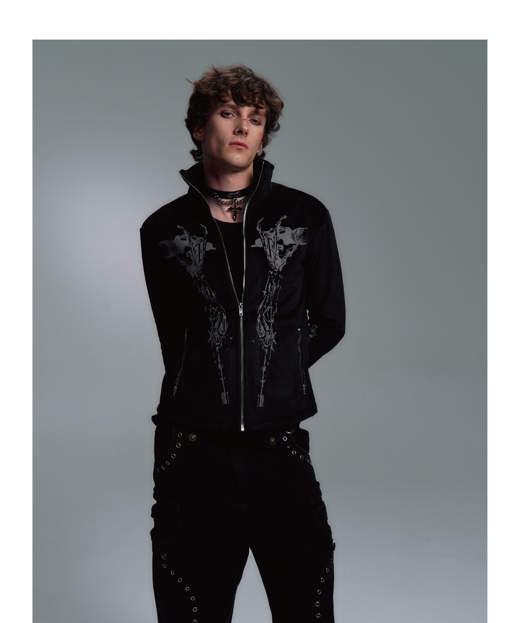 PAIKI Skull Singer Music Notes Stand-up Collar Velvet Jacket