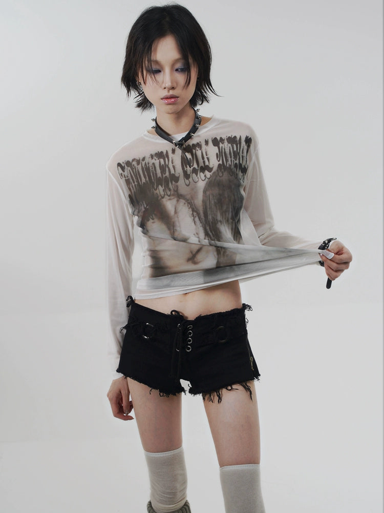 WEBBAR Original Goth Emo Artist Joint Long-sleeved Mesh T-shirt