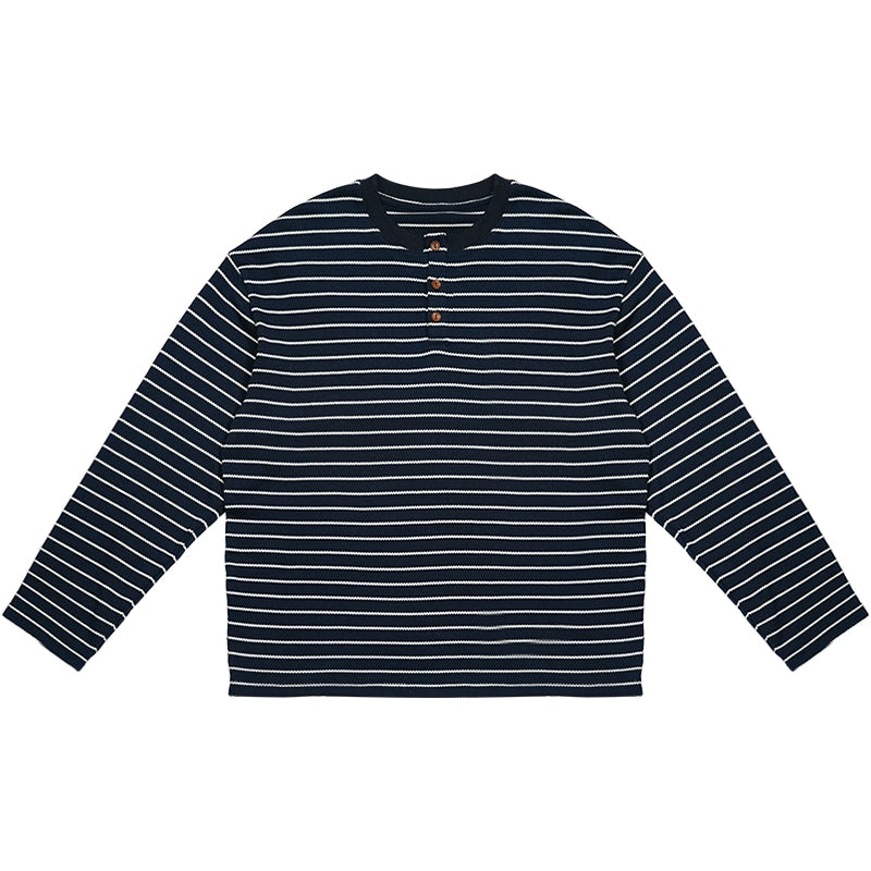 O3PARK Japanese Casual Collarless Striped Polo Shirt