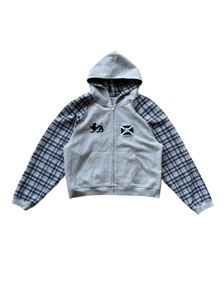 InsGale Contrast Checked Waffle Embroidered Hooded Cardigan Jacket