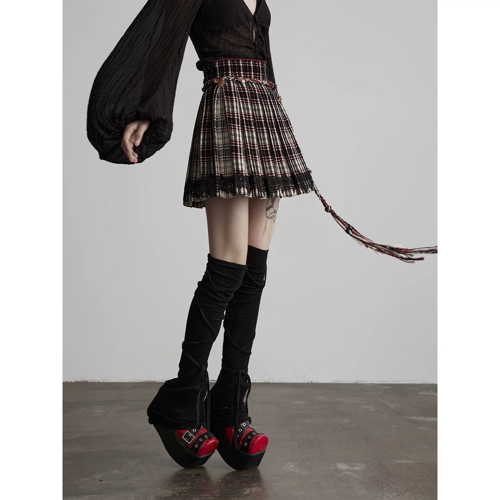 INDULGE Checked Lace Stitching Skirt