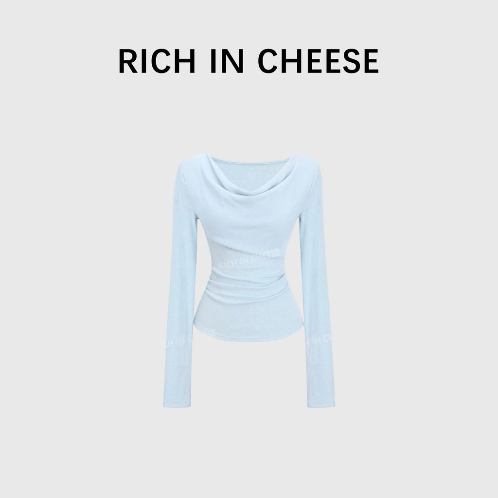 RICH IN CHEESE Pure Desire Swing Neck Knitted Waist Pleated Long Sleeves