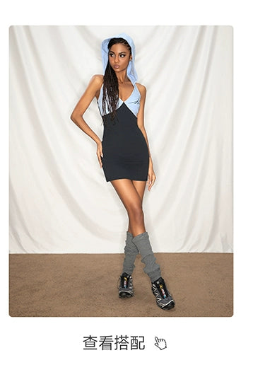 ABMY Backless Contrasting Splicing Spice Girl Suspender Skirt