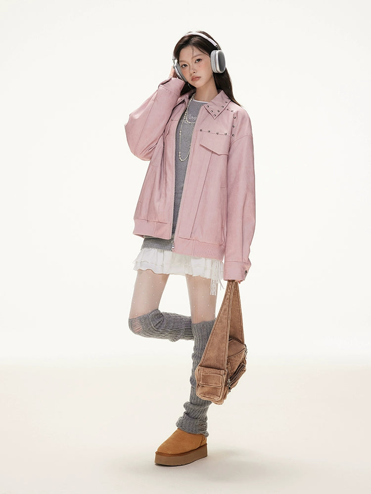 IMONE Vintage Loose Skinny Lapel PU Leather Jacket