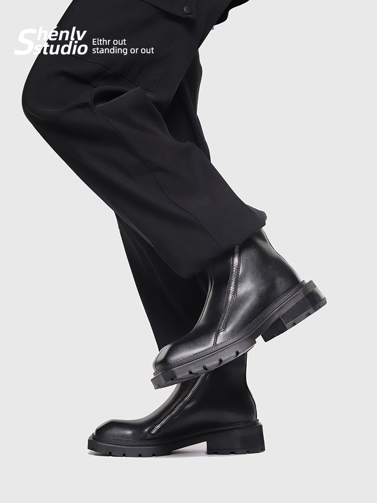 SHENLV StuIO Double Zipper Short Boots Yuppie High-top Leather Shoes
