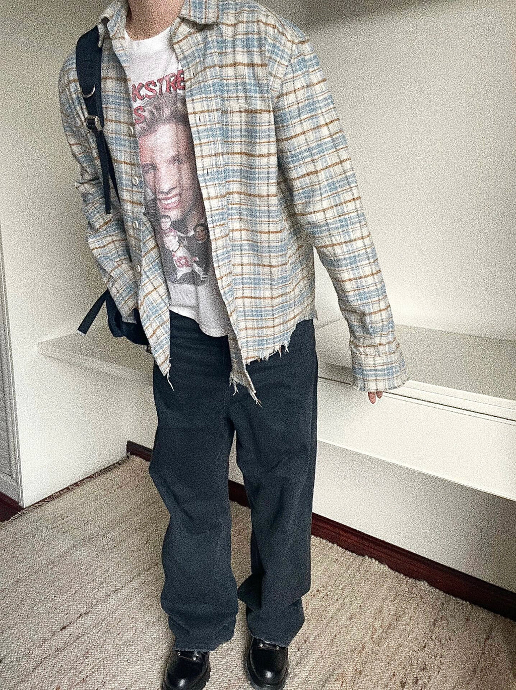 VOWPROGRESS Flannel Fringed Check Shirt Long Sleeves