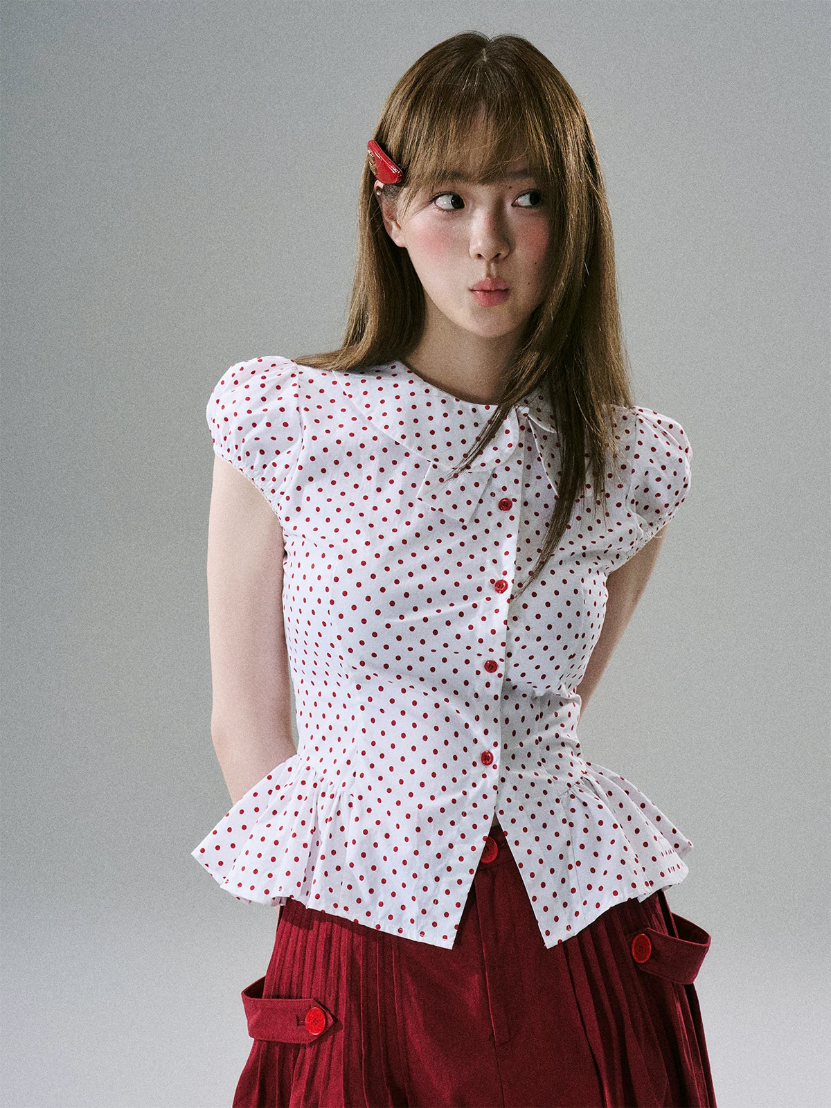 LOST FOREST Asymmetrical Lotus Leaf Polka Dot Shirt Tee
