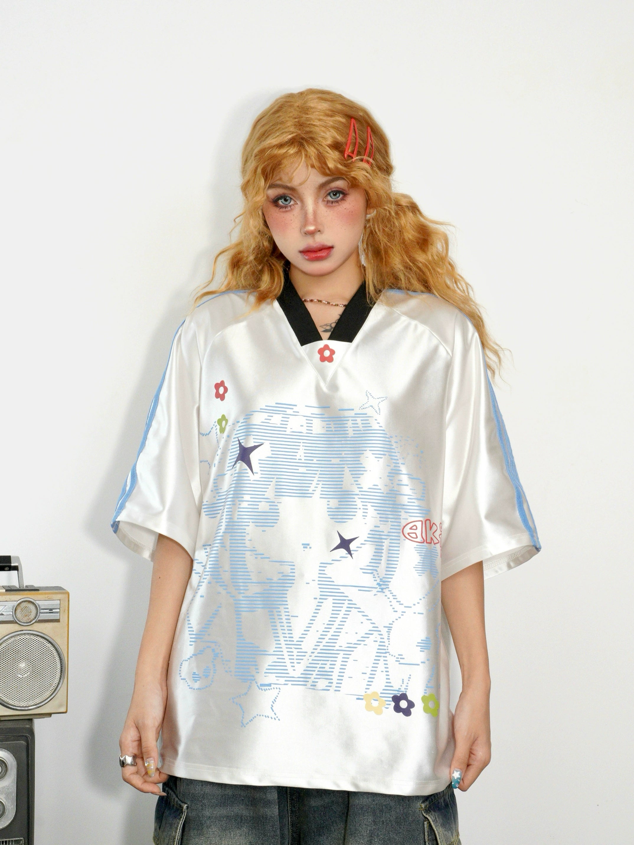BANGU Retro Three-bar Cartoon Loose Jersey Tee
