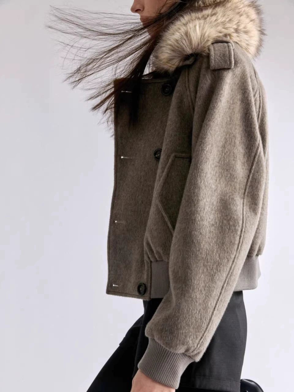 JCAESAR WOMEN Removable Fur Collar Double-breasted Short Woolen Coat