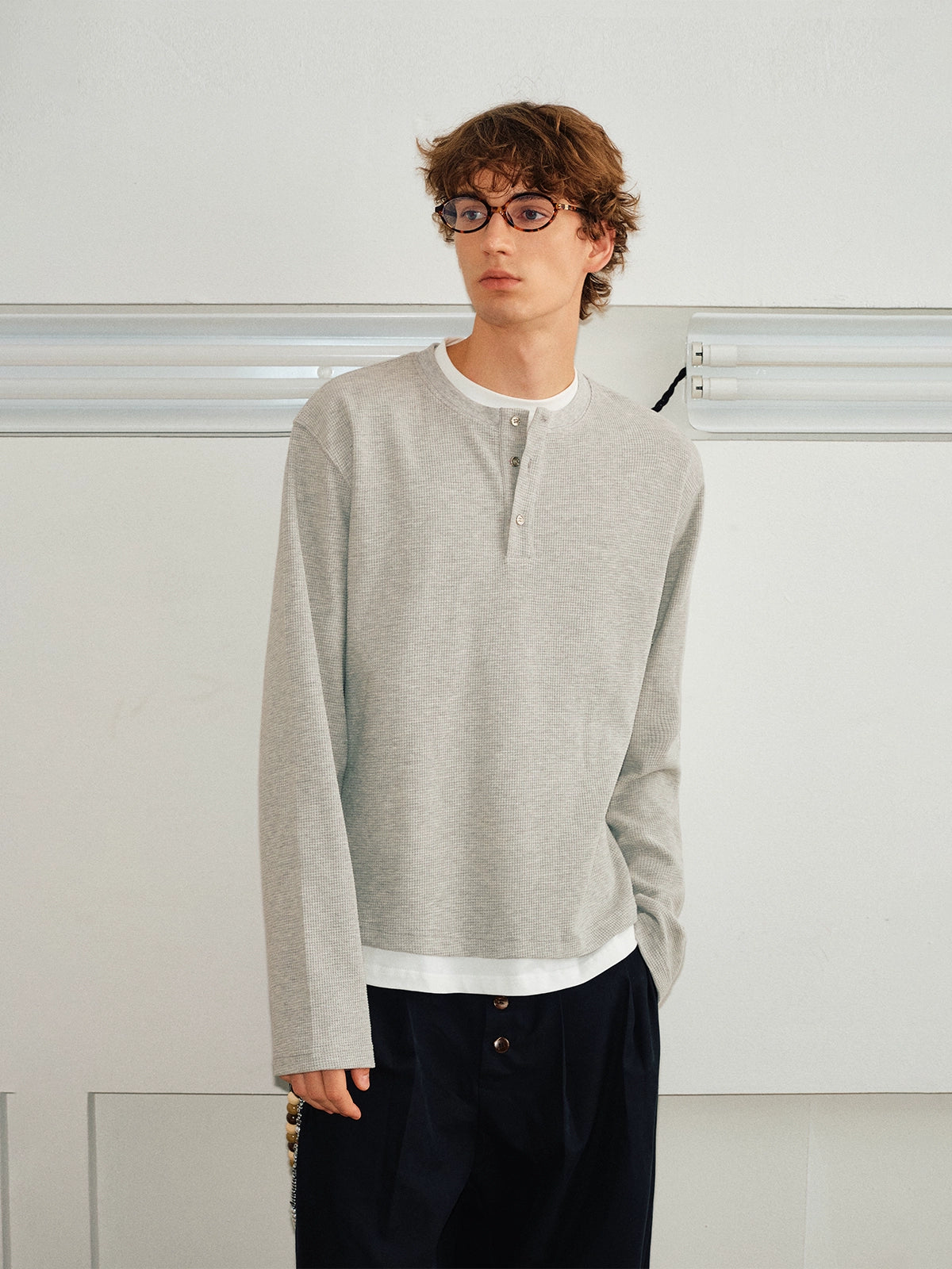 KREATE Waffle Henry Collar Fake Two Long Sleeves