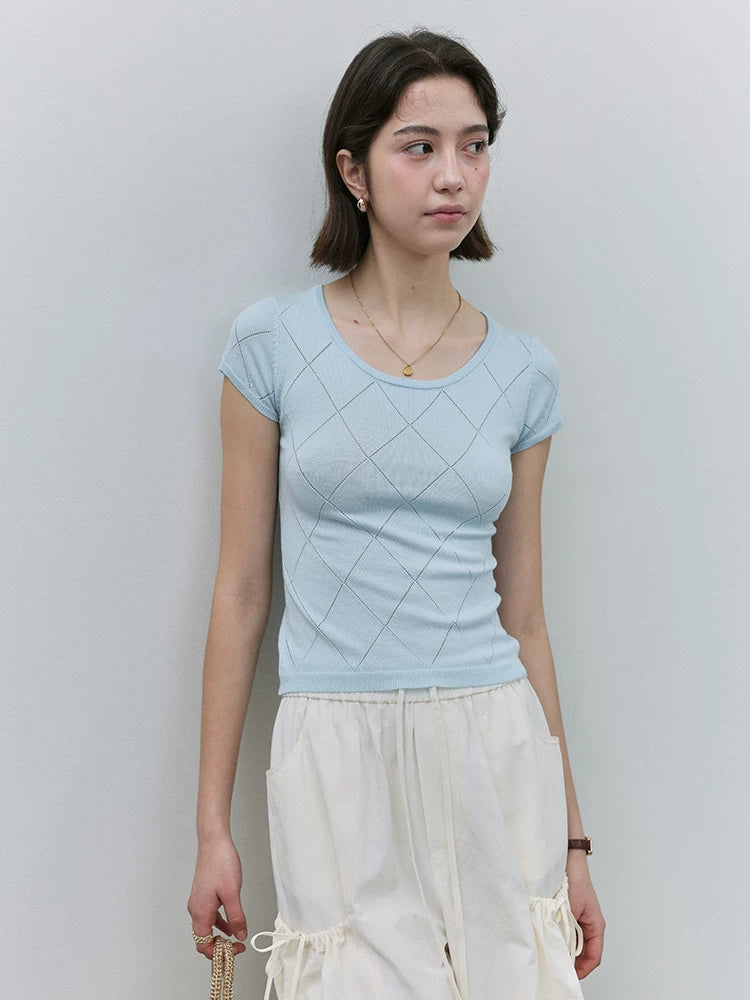 VOOE Hollow U Neck Knitted Slim Fit Breathable Tee